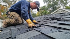 Homeowner inspecting attic insulation beneath a roof with natural daylight entering through vents.