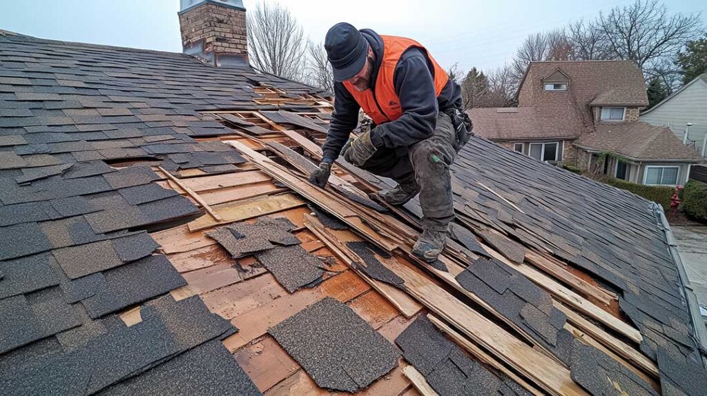 A homeowner inspecting the underside of a roof for damage after a storm.