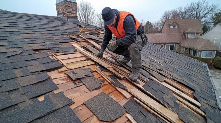 A homeowner inspecting the underside of a roof for damage after a storm.