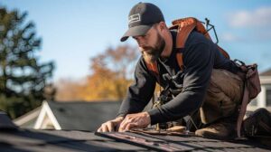 Hands compare new asphalt shingle samples with weathered shingles beside a residential roof.