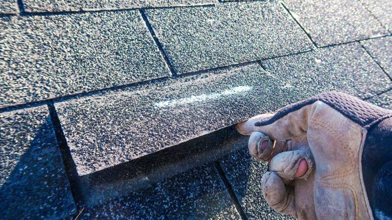 Curled and cracked asphalt shingles on a weathered residential roof beside a ladder and scattered granules.