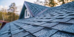 Homeowner photographs missing shingles and an interior ceiling water stain after a storm.