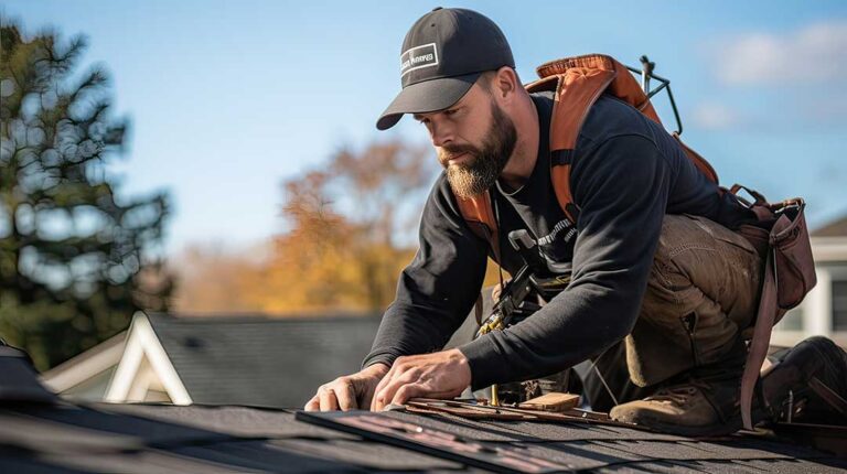 Homeowner checks roof gutters and attic moisture after winter weather at a residential house.