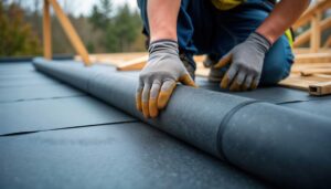 A worker applies a light-colored roof coating with a roller beside seams and rooftop drainage details.
