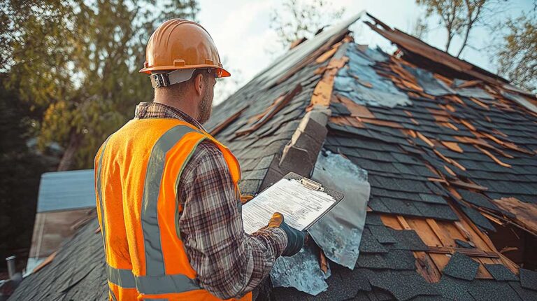 Large roofing samples are arranged beside a home’s siding, trim, and gutters for color comparison.
