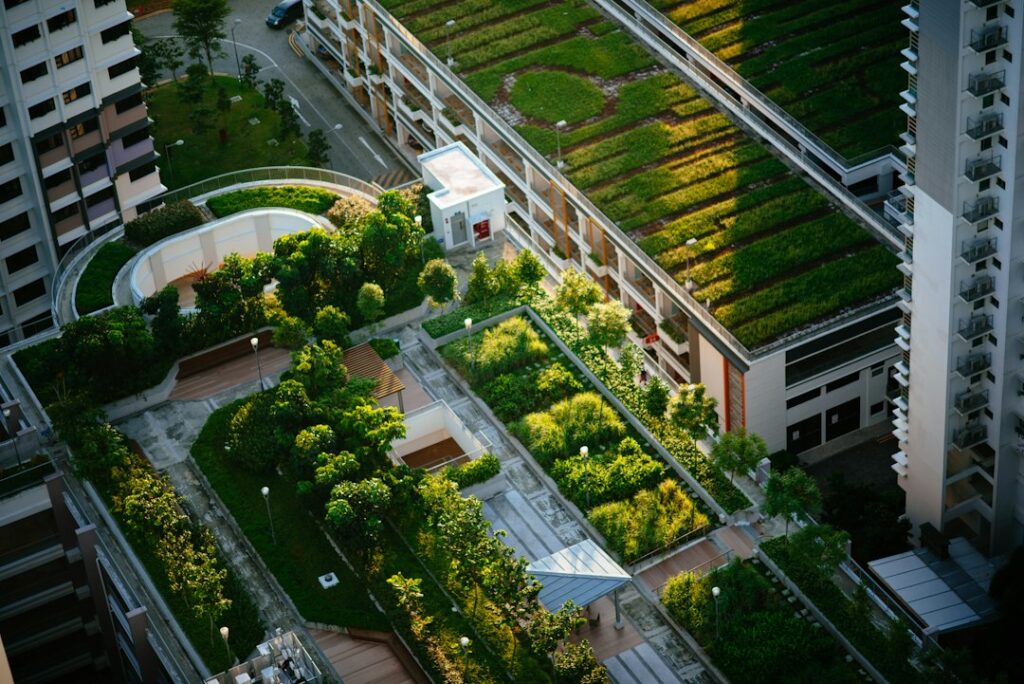 Low-slope rooftop covered with hardy plants, drainage channels, and light snow beside a residential building.