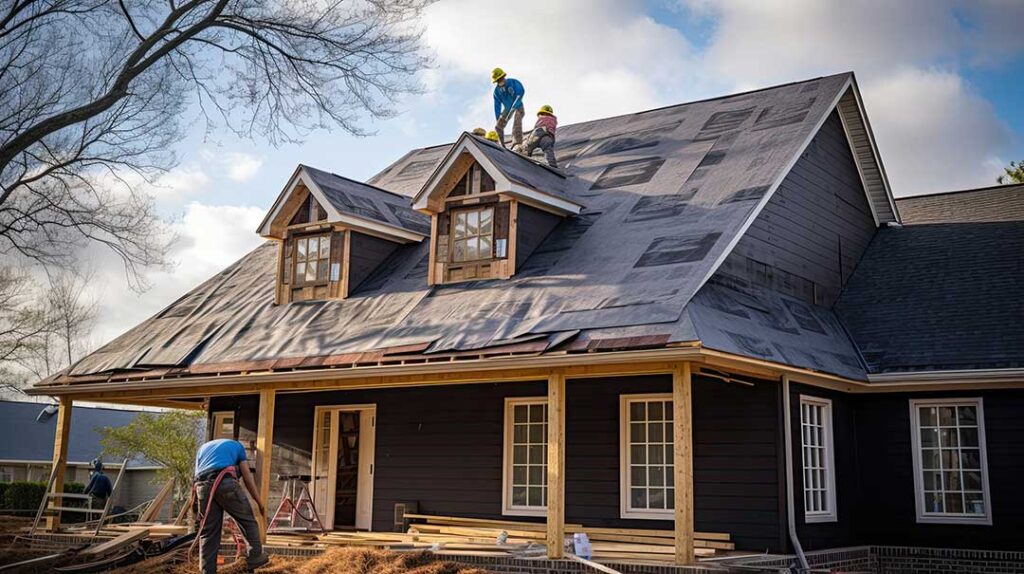 Roofing workers inspect exposed roof decking beside stacked shingles and protective coverings on a residential home.