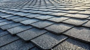 Roofing worker examines exposed plywood decking beneath shingles beside attic framing.