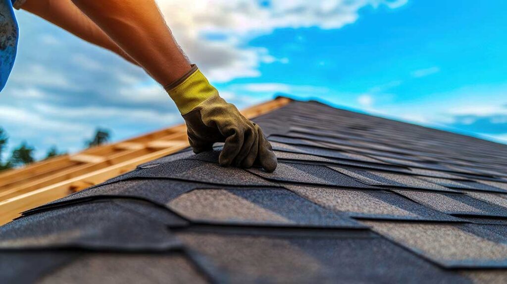 A homeowner examines a ceiling water stain beneath a roof leak while damp attic insulation is visible above.