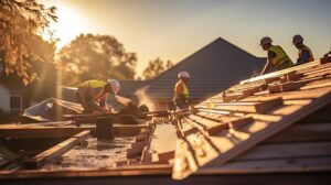 Workers sort asphalt shingles, metal flashing, and clean wood into separate covered containers during a roof tear-off.
