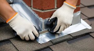 A sloped asphalt roof with a raised cricket directing water around a brick chimney.