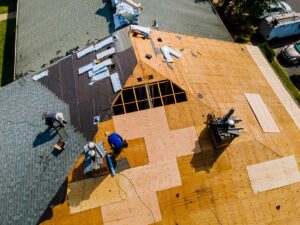 A homeowner examines dark roof streaks with binoculars from the ground beside a tree-shaded house.