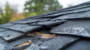 A residential roof displays asphalt shingles, metal panels, and slate samples beside tools and architectural plans.