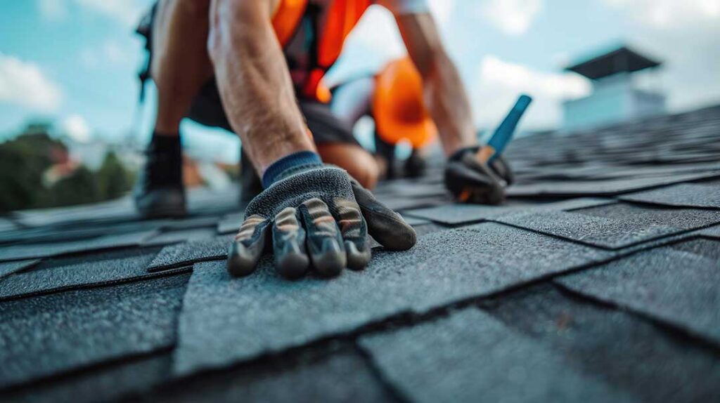 A homeowner uses a soft roof rake from a stable ladder to clear leaves from damp asphalt shingles. KEYWORDS: ["safe roof cleaning", "moss on asphalt shingles", "roof rake and ladder"]