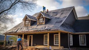 Person using a long-handled roof rake to remove leaves from a single-story home roof.