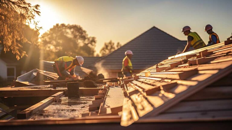 Workers examine a modern layered roof with solar panels, reflective shingles, insulation, and snow-resistant flashing.